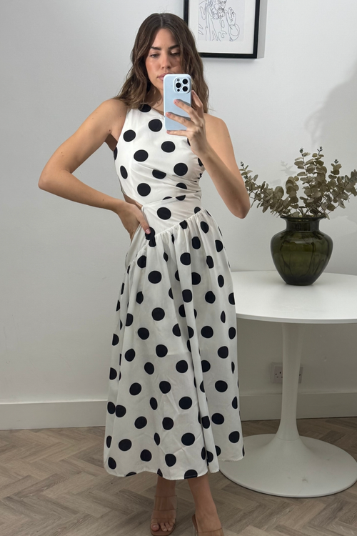 Style Cheat Dotted White Jasmine Cut-Out One-Shoulder Midi Dress - 10 Image 3
