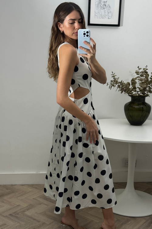 Style Cheat Dotted White Jasmine Cut-Out One-Shoulder Midi Dress - 10 Image 4