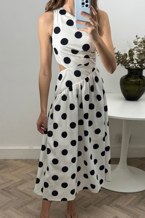 Style Cheat Dotted White Jasmine Cut-Out One-Shoulder Midi Dress - 10 Image 2