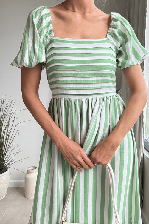 Style Cheat Green Stripe Leighton Puff Sleeve Midi Dress - 18 Image 5
