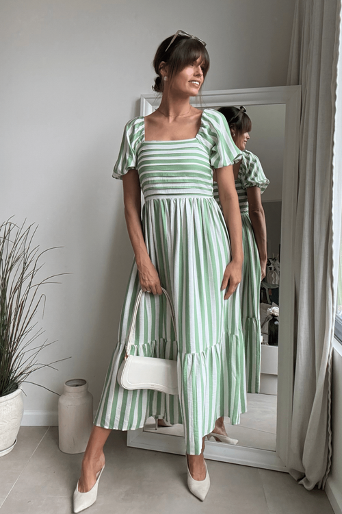 Style Cheat Green Stripe Leighton Puff Sleeve Midi Dress - 18 Image 4
