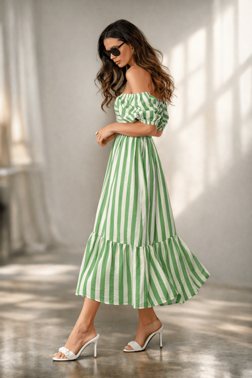 Style Cheat Green Stripe Leighton Puff Sleeve Midi Dress - 18 Image 1