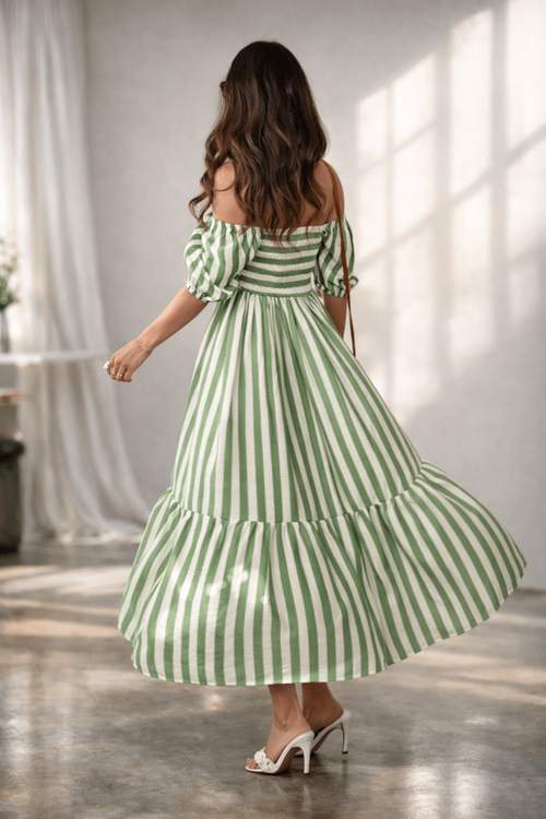 Style Cheat Green Stripe Leighton Puff Sleeve Midi Dress - 18 Image 2