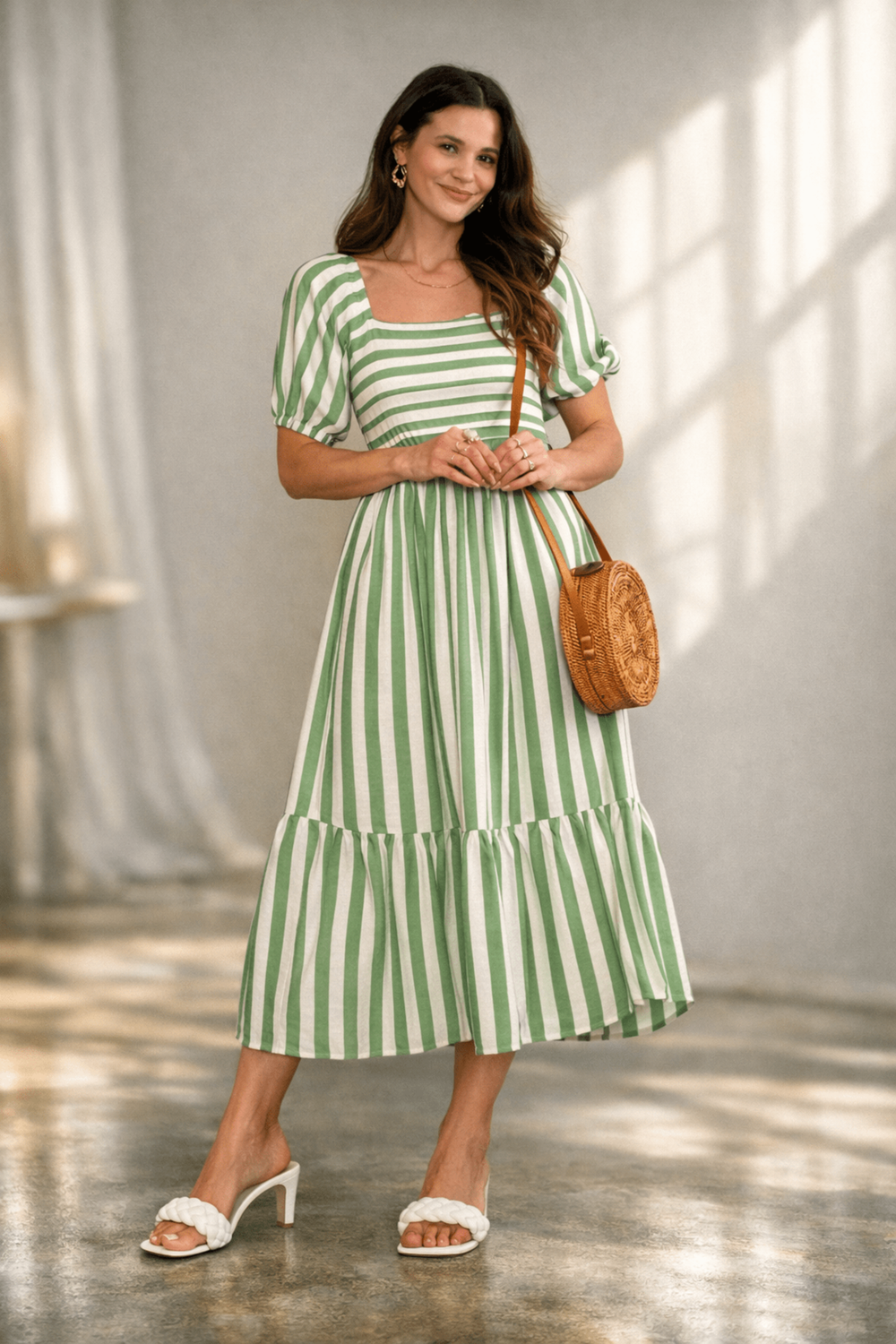 Style Cheat Green Stripe Leighton Puff Sleeve Midi Dress - 18 Image 3