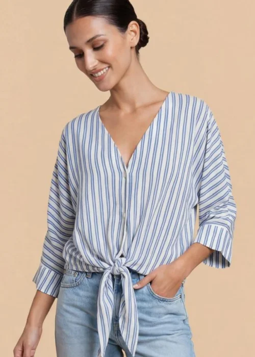 Little Mistress Blue Stripe Tie-Knot Top with V-Neck - 10 Image 1