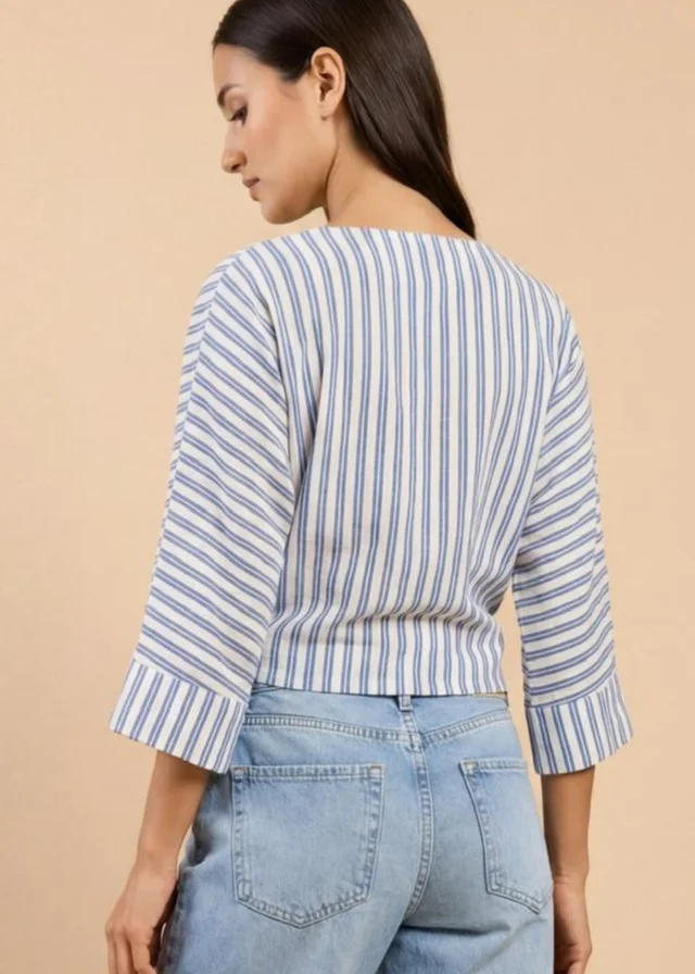 Little Mistress Blue Stripe Tie-Knot Top with V-Neck