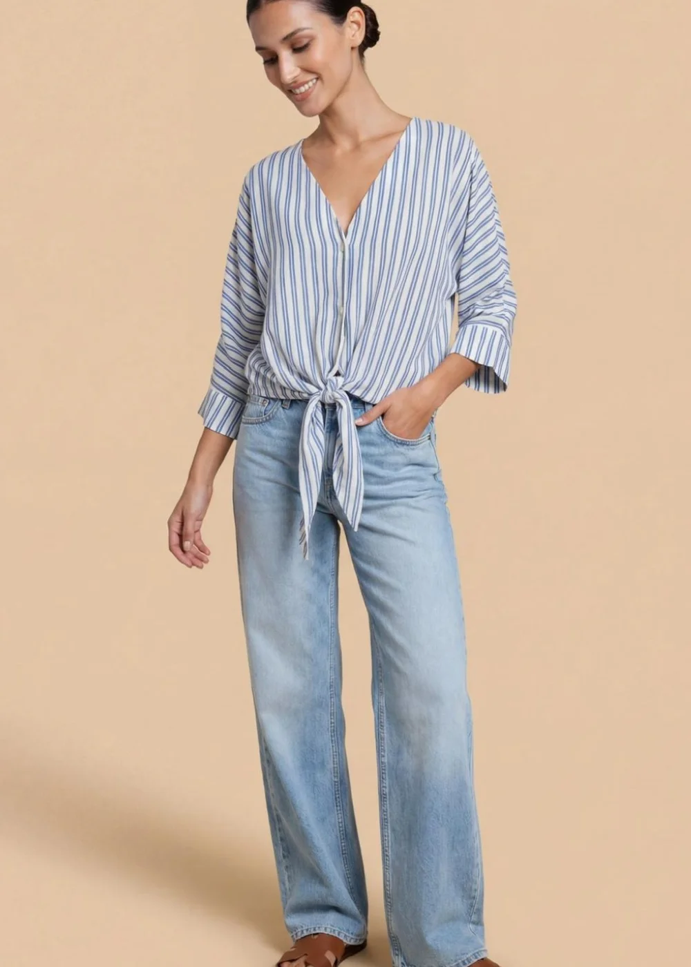 Little Mistress Blue Stripe Tie-Knot Top with V-Neck - 10 Image 4