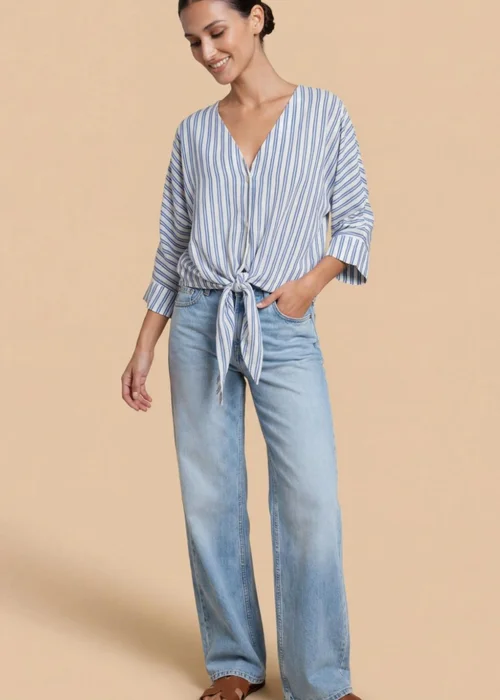 Little Mistress Blue Stripe Tie-Knot Top with V-Neck - 10 Image 4