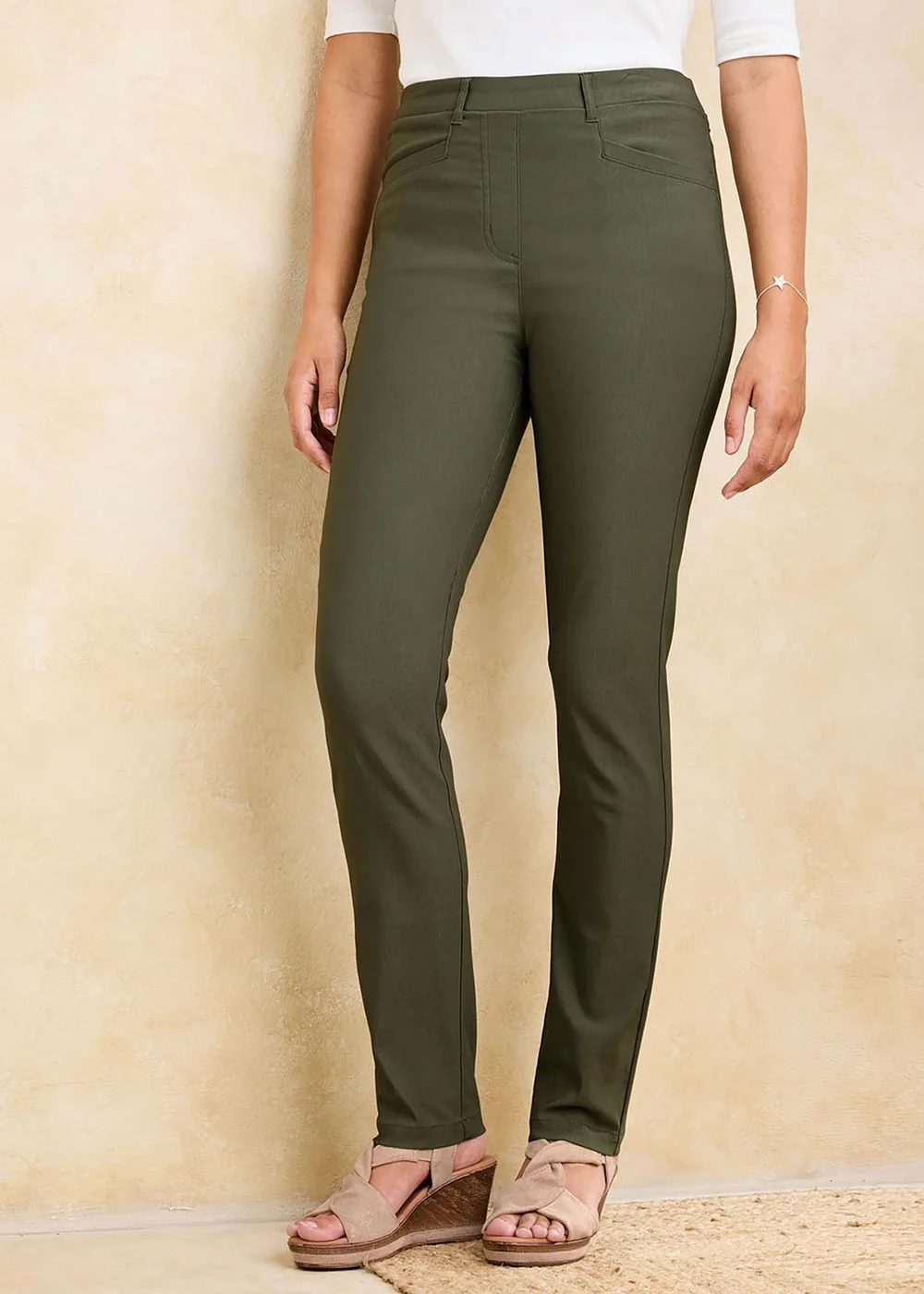 Cotton Traders Khaki Super Stretchy Pull On Slim Leg Trousers - 18 S Image 2
