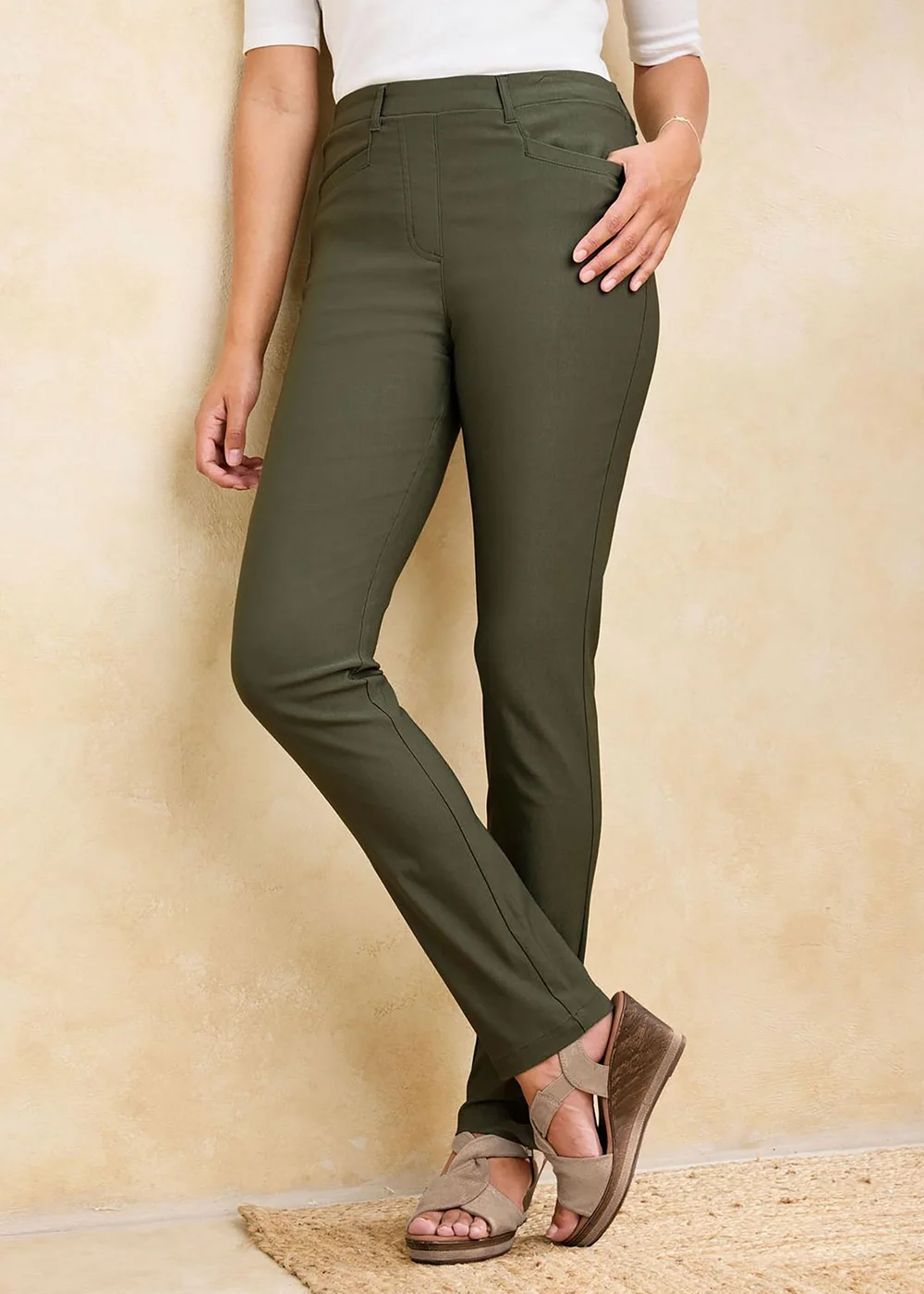 Cotton Traders Khaki Super Stretchy Pull On Slim Leg Trousers - 18 S Image 1
