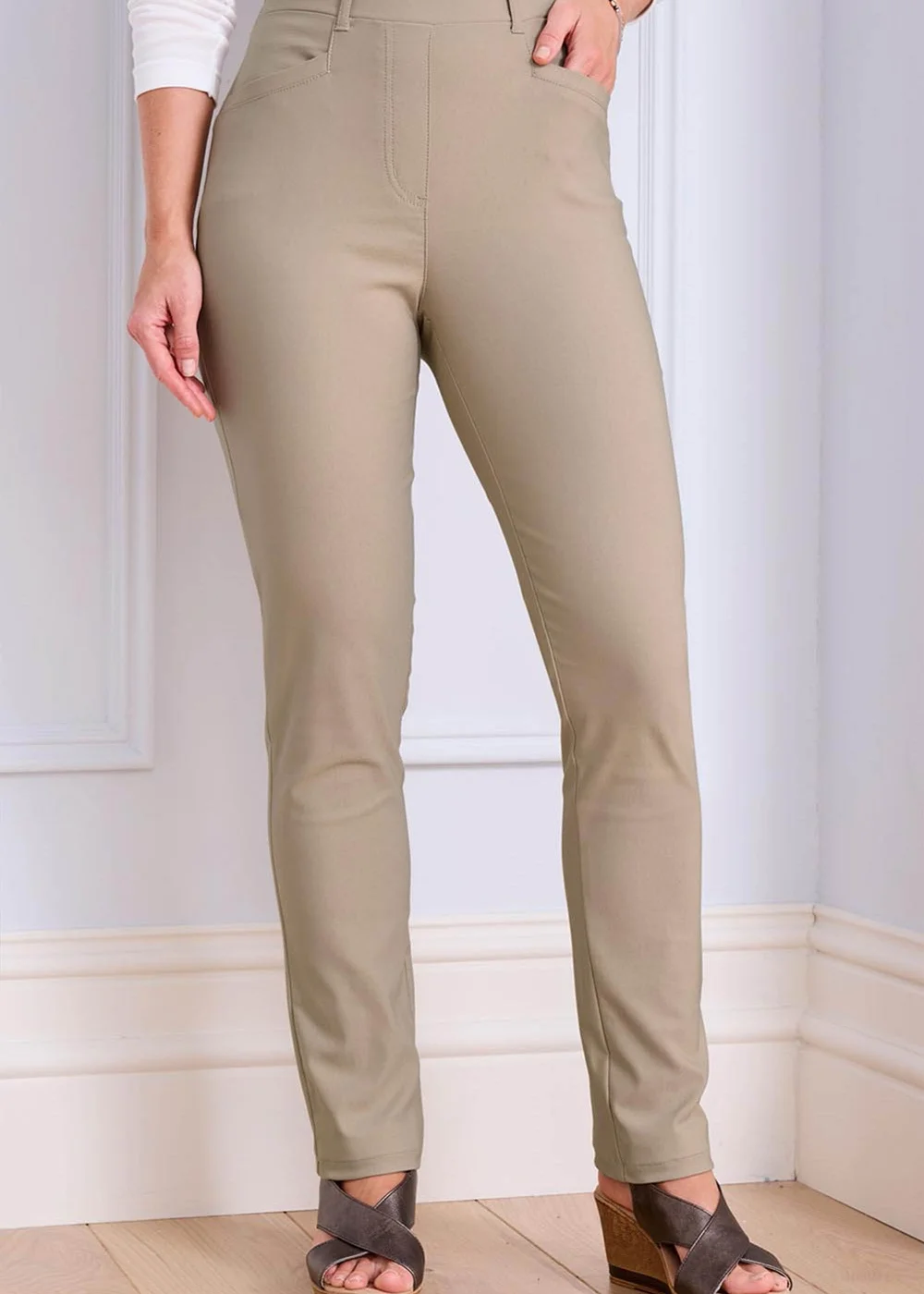 Cotton Traders Beige Super Stretchy Pull On Slim Leg Trousers - 12 S Image 2