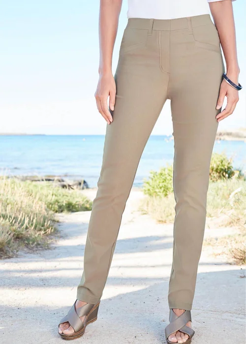 Cotton Traders Beige Super Stretchy Pull On Slim Leg Trousers - 12 S Image 1