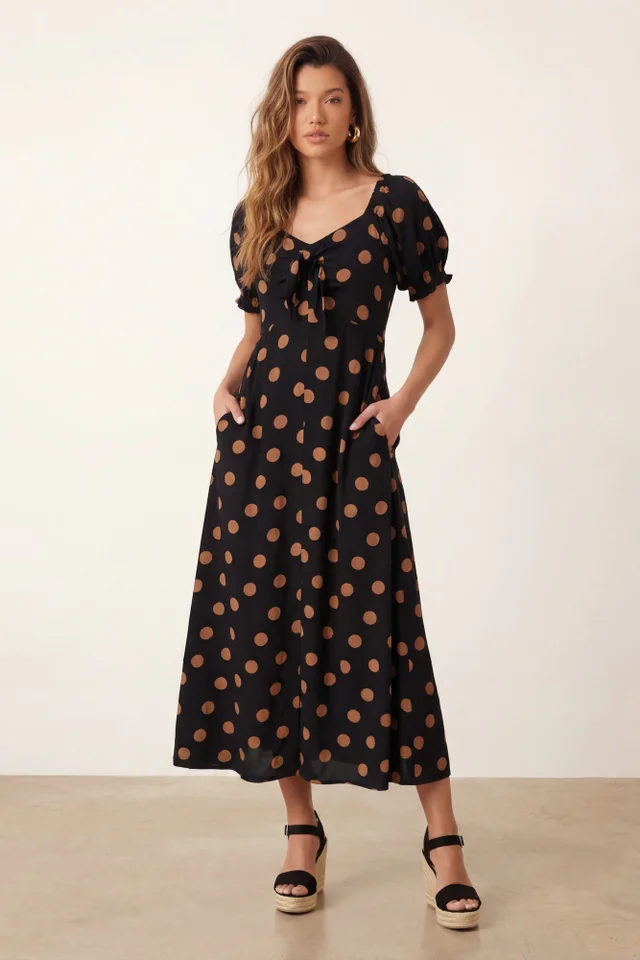 Style Cheat Black Tie Front Spot Dress Polka Dot Midi