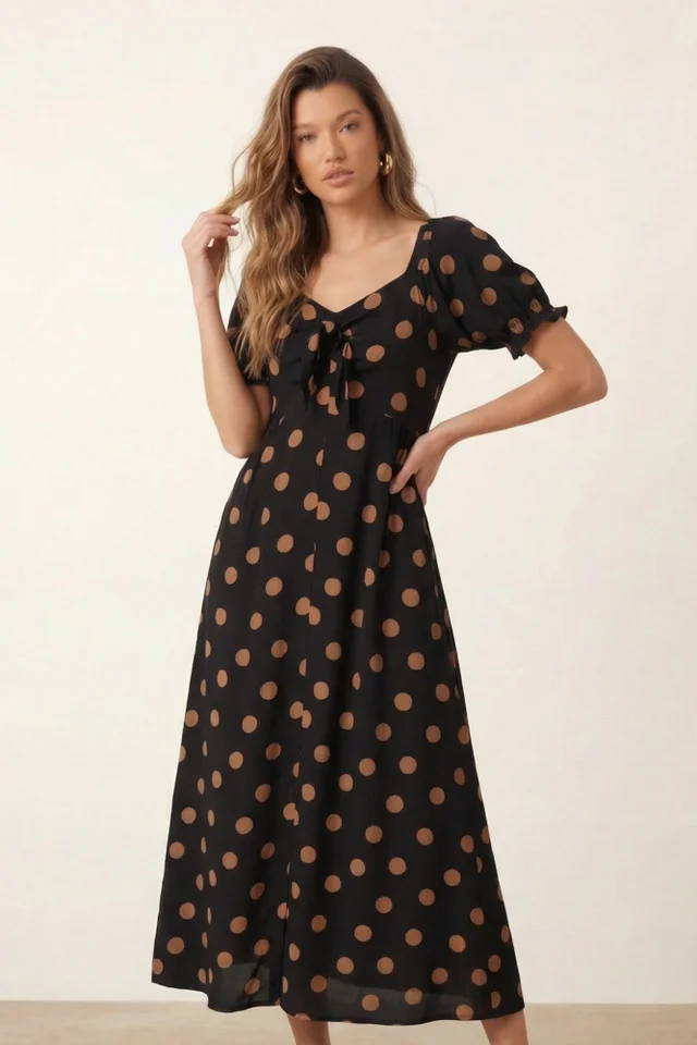 Style Cheat Black Tie Front Spot Dress Polka Dot Midi