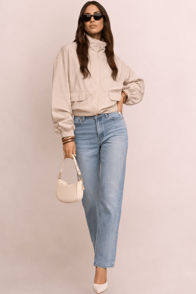 Stylecheat Blue Embellished Hotfix High-Rise Straight Jeans