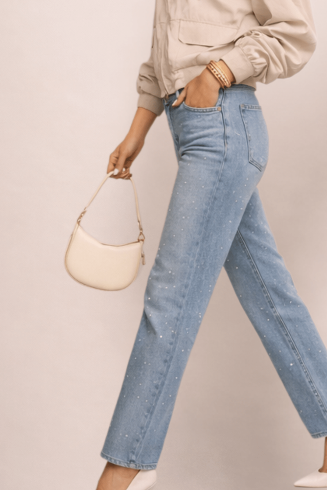 Stylecheat Blue Embellished Hotfix High-Rise Straight Jeans