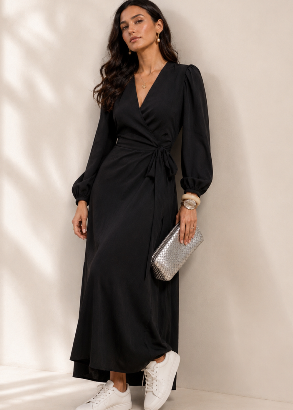 Little Mistress Black Long Sleeve Wrap Midi Dress - 14 Image 1