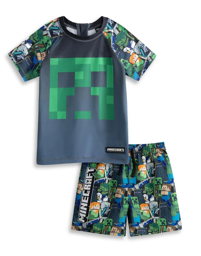 Vanilla Underground Minecraft Boys Green Oversized Character 2 Piece Swim Set (5-14 Years)