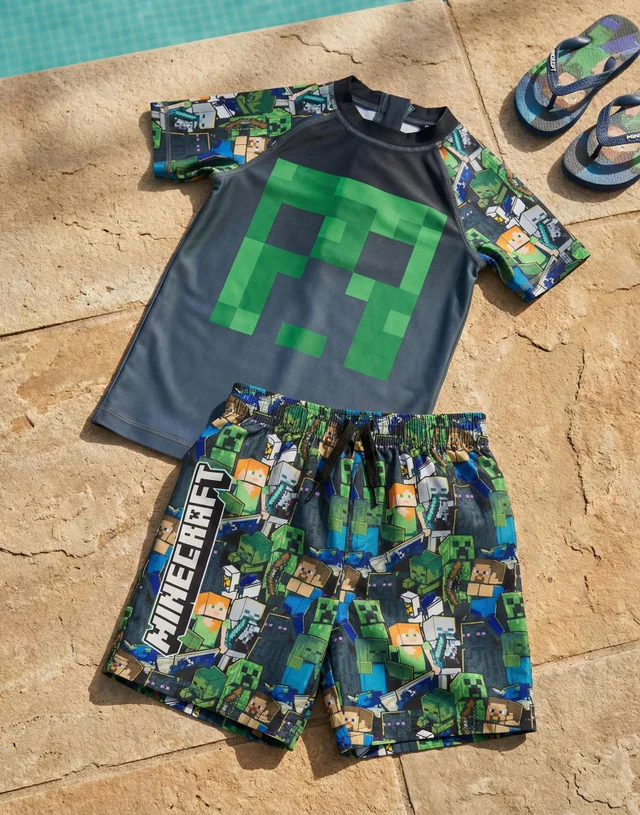 Vanilla Underground Minecraft Boys Green Oversized Character 2 Piece Swim Set (5-14 Years)