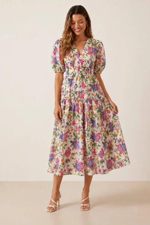 Style Cheat Pink Puff Sleeve V-Neck Floral Midi Dress - 14 Image 1