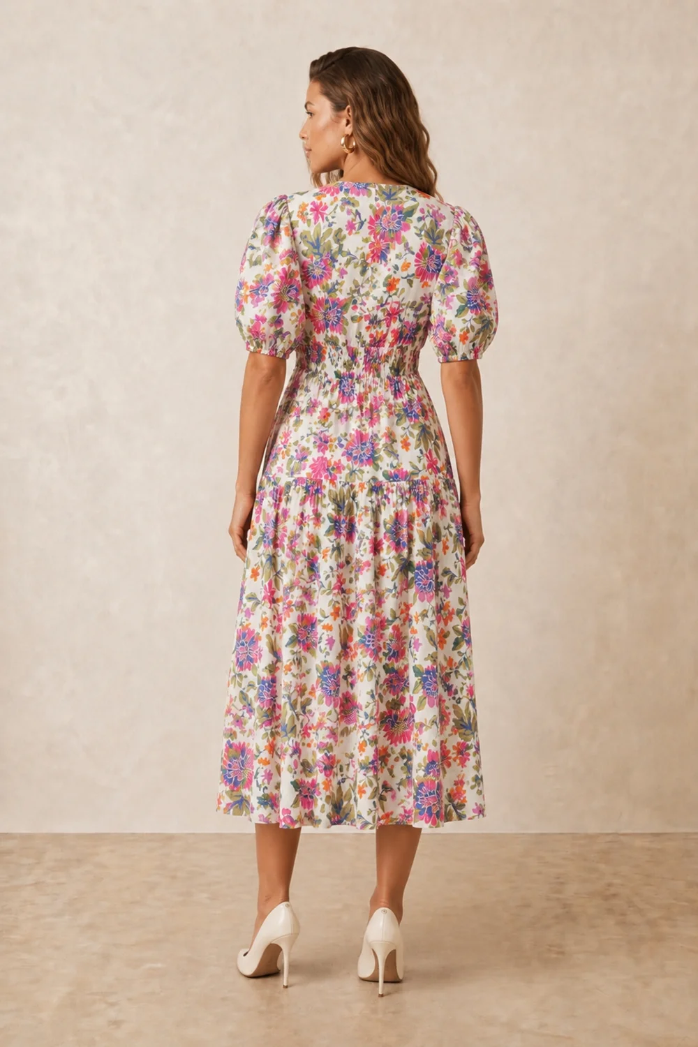 Style Cheat Pink Puff Sleeve V-Neck Floral Midi Dress - 14 Image 3
