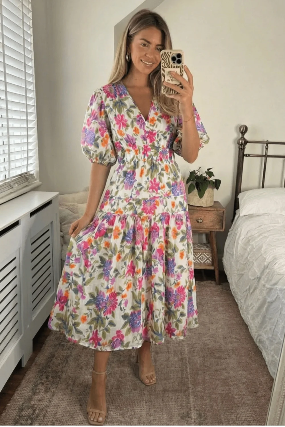Style Cheat Pink Puff Sleeve V-Neck Floral Midi Dress - 14 Image 5