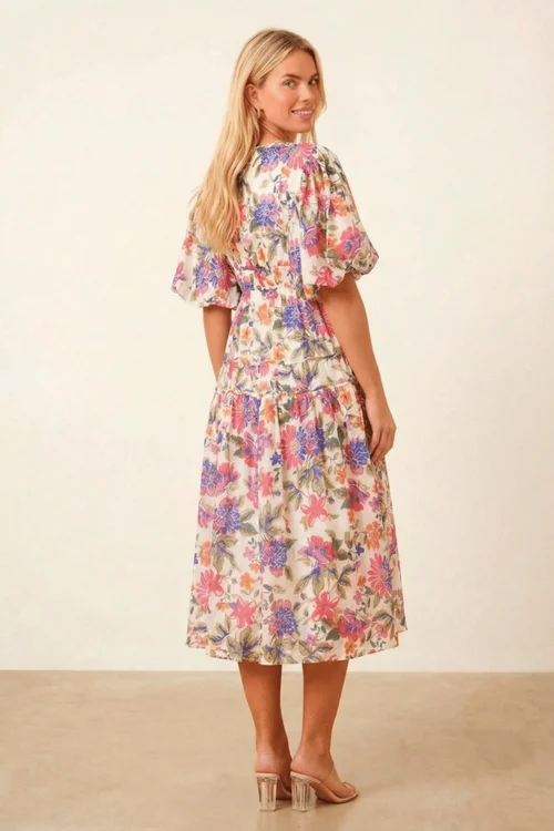 Style Cheat Pink Puff Sleeve V-Neck Floral Midi Dress - 14 Image 6