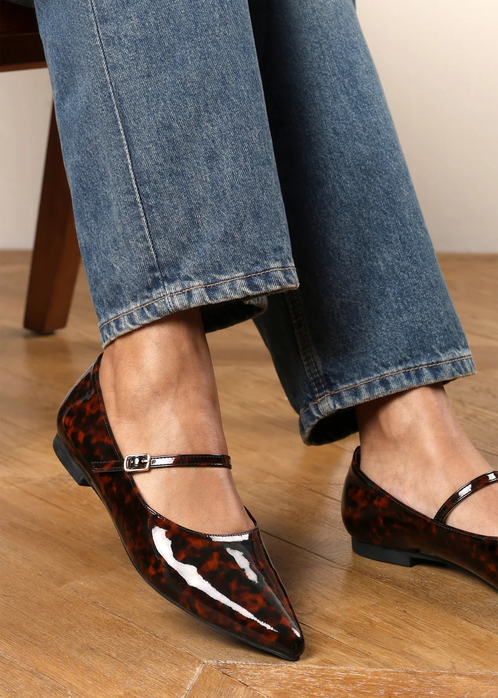 Where's That From Novalee Tortoise Wide Fit Pointed Toe Mary Jane Front Strap Ballet Flats - 5 Wide Image 4