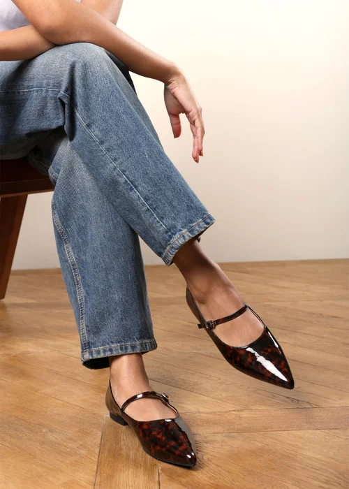 Where's That From Novalee Tortoise Wide Fit Pointed Toe Mary Jane Front Strap Ballet Flats - 5 Wide Image 1