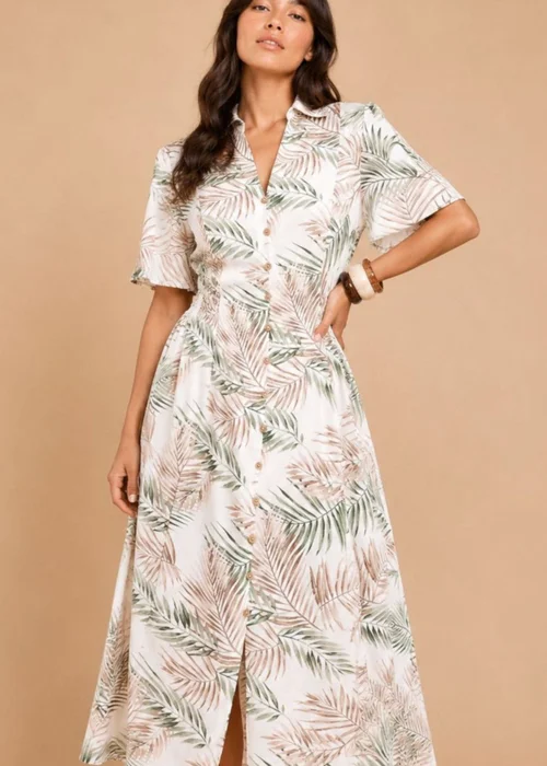 Little Mistress Palm Print Button-Down Shirt Midi Dress - 10 Image 1