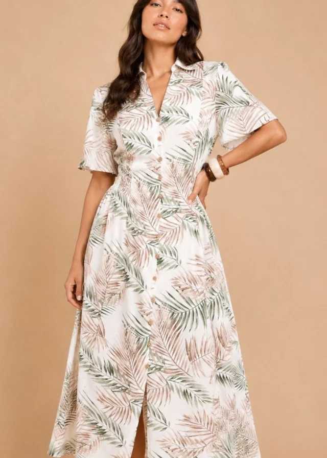 Little Mistress Palm Print Button-Down Shirt Midi Dress