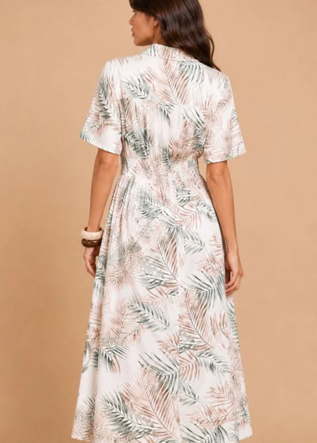Little Mistress Palm Print Button-Down Shirt Midi Dress