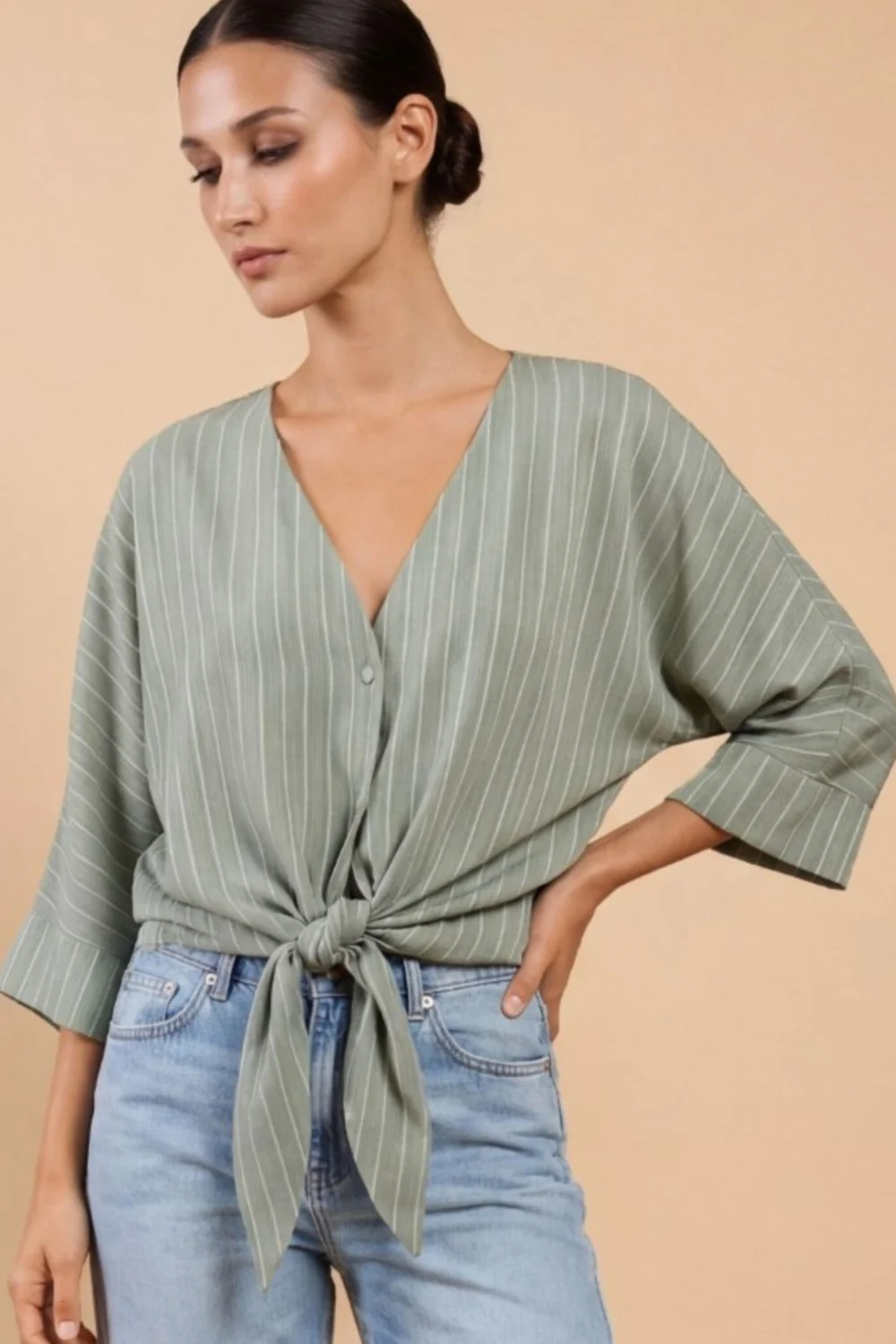 Little Mistress Green Stripe Tie-Knot Top with V-Neck - 8 Image 1