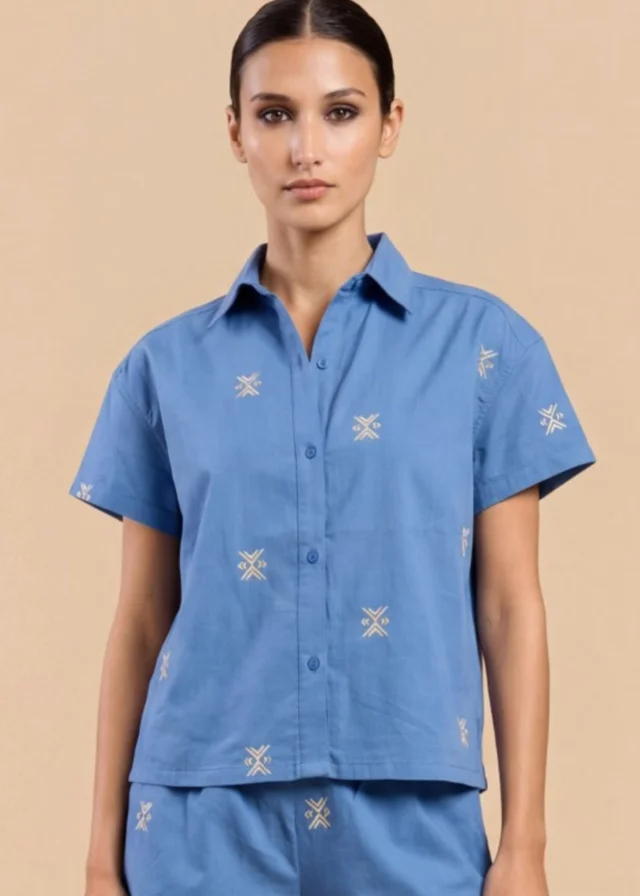Little Mistress Blue Embroidered Cotton Linen Shirt