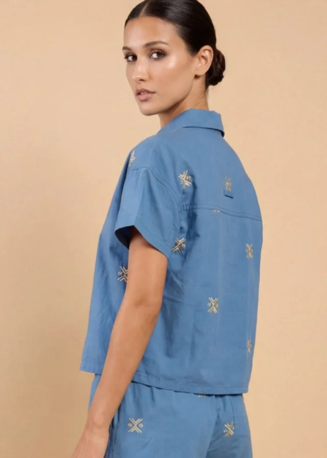 Little Mistress Blue Embroidered Cotton Linen Shirt