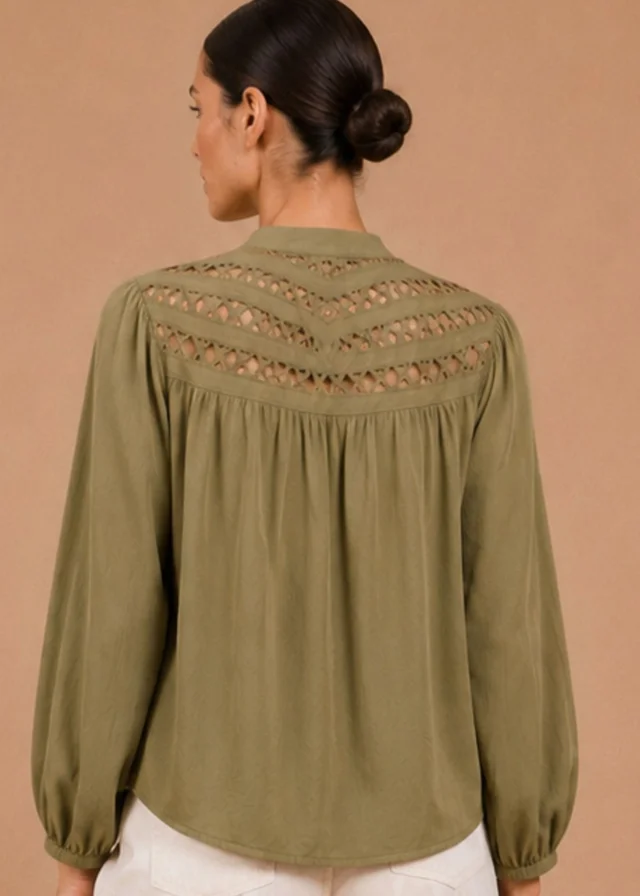 Little Mistress Olive Cutwork Detail Shirt