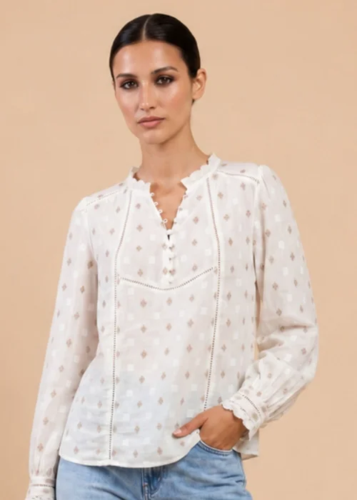 Little Mistress White Jacquard Cotton Top with Lace Detail - 14 Image 1
