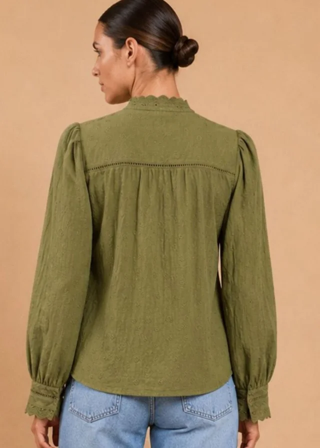 Little Mistress Green Schiffly Embroidered Cotton Top