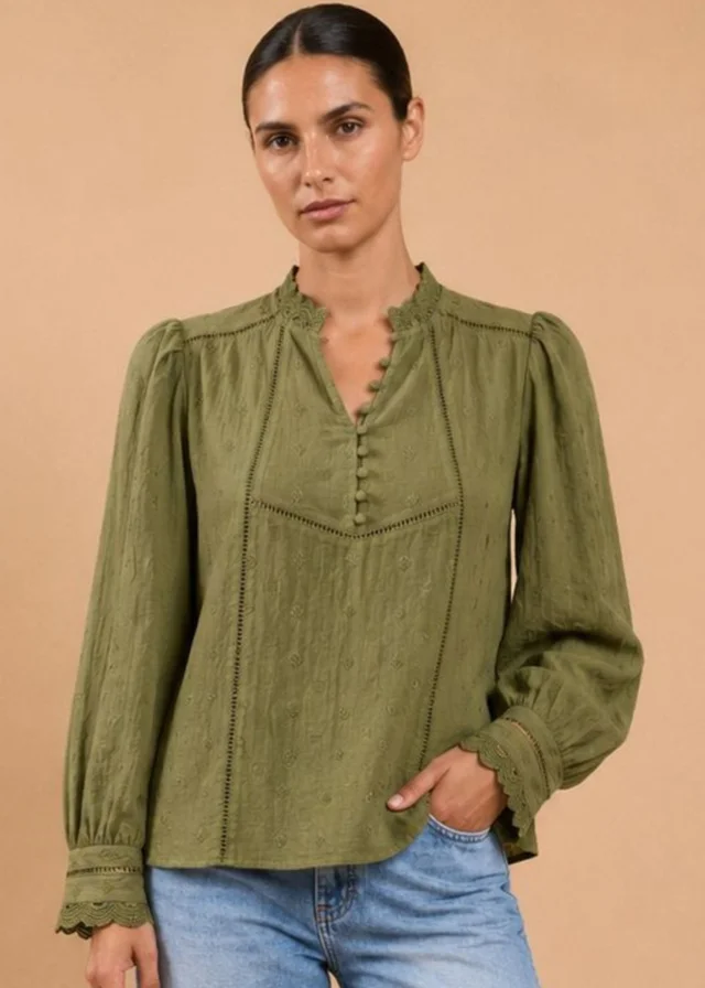 Little Mistress Green Schiffly Embroidered Cotton Top