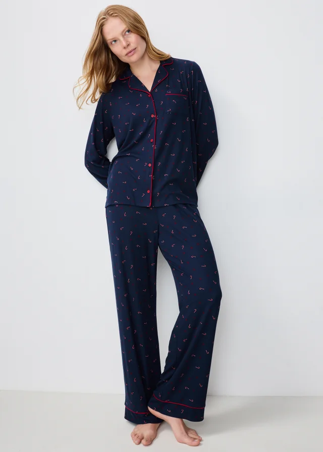 Navy Ribbed Candy Cane Christmas Pyjamas