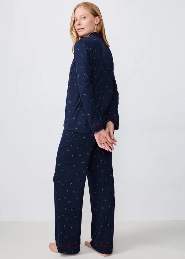 Navy Ribbed Candy Cane Christmas Pyjamas