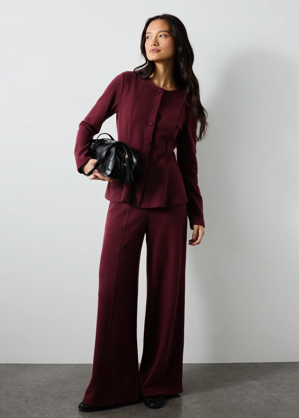 Wine Soft Touch Wide Leg Co Ord Trousers - Size 08 27 leg Image 4