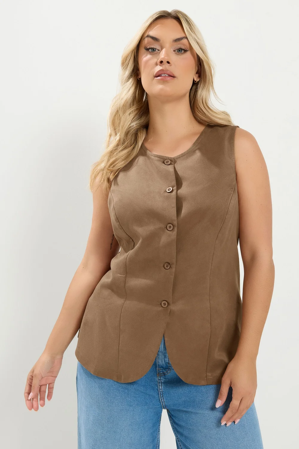 Yours Curve Chocolate Brown Suedette Waistcoat - 18 Image 1