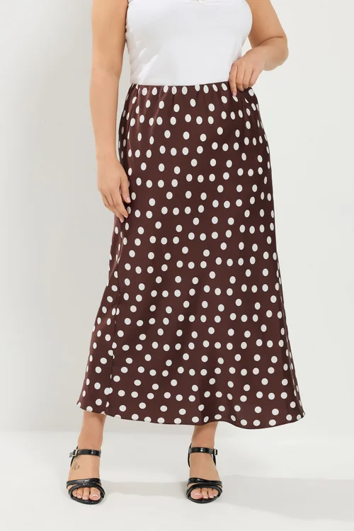 Yours Curve Chocolate Brown Polka Dot Satin Skirt - 26-28 Image 1