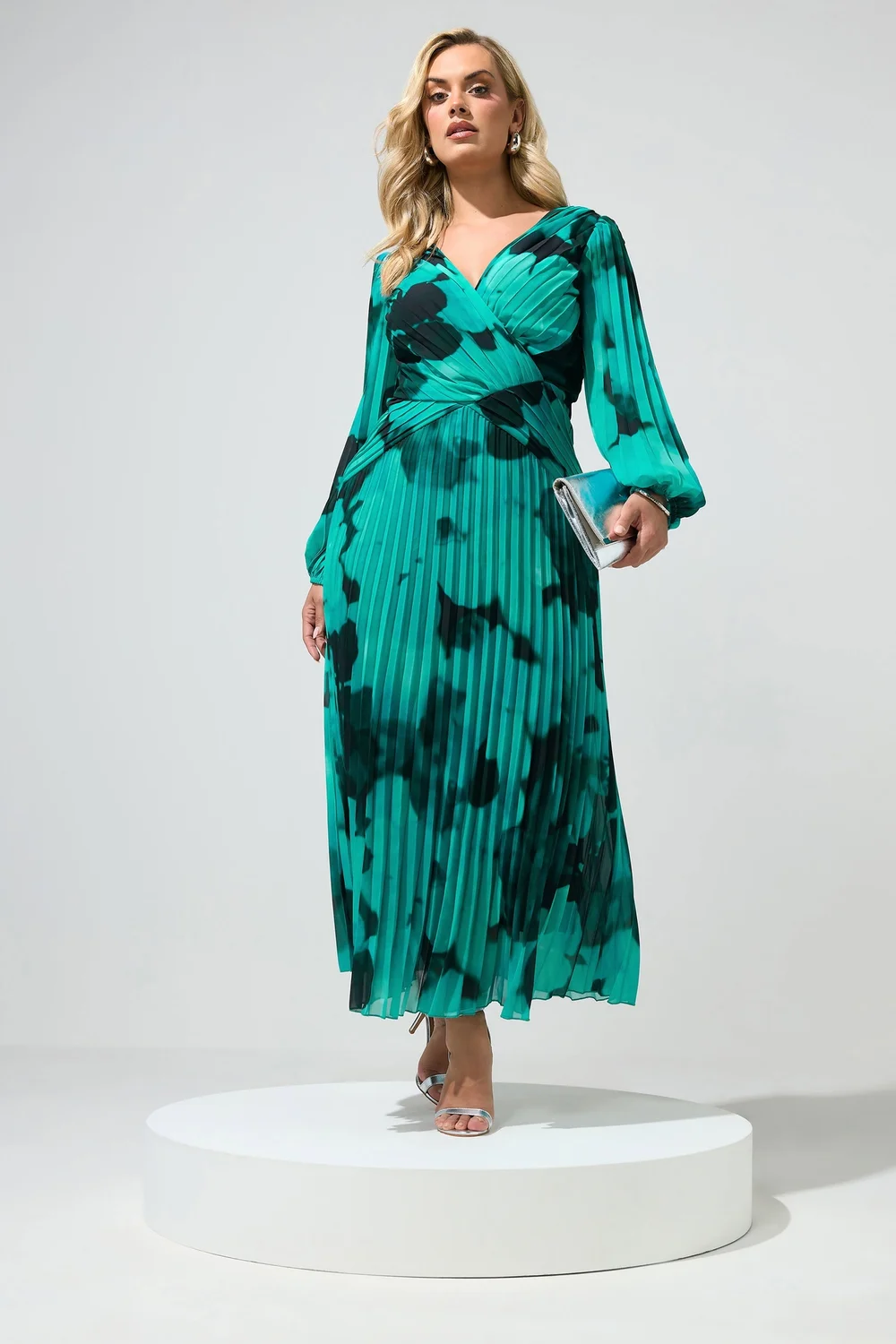 Yours London Curve Teal Green Abstract Pleated Dress - 18 Image 2