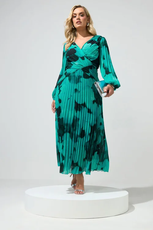 Yours London Curve Teal Green Abstract Pleated Dress - 18 Image 2