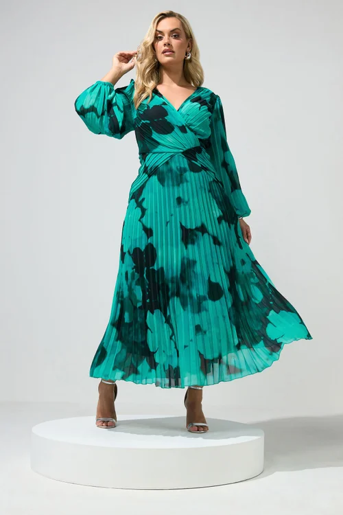 Yours London Curve Teal Green Abstract Pleated Dress - 18 Image 1