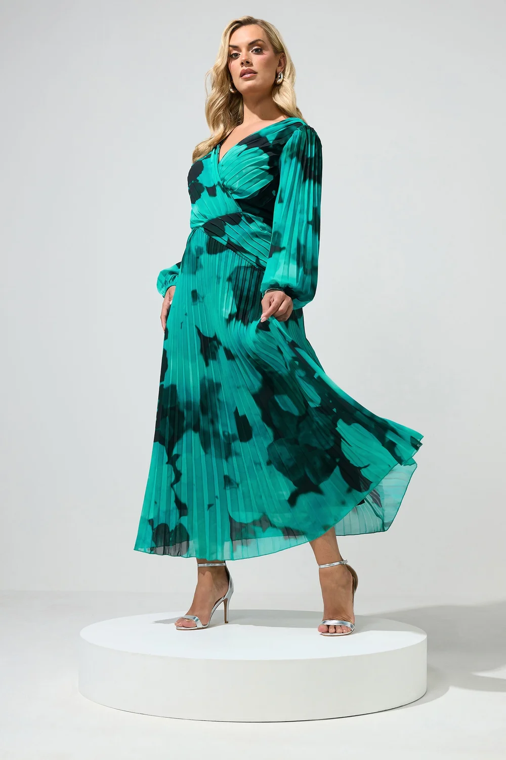 Yours London Curve Teal Green Abstract Pleated Dress - 18 Image 3