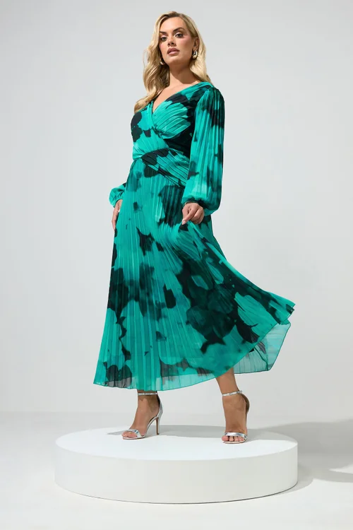 Yours London Curve Teal Green Abstract Pleated Dress - 18 Image 3