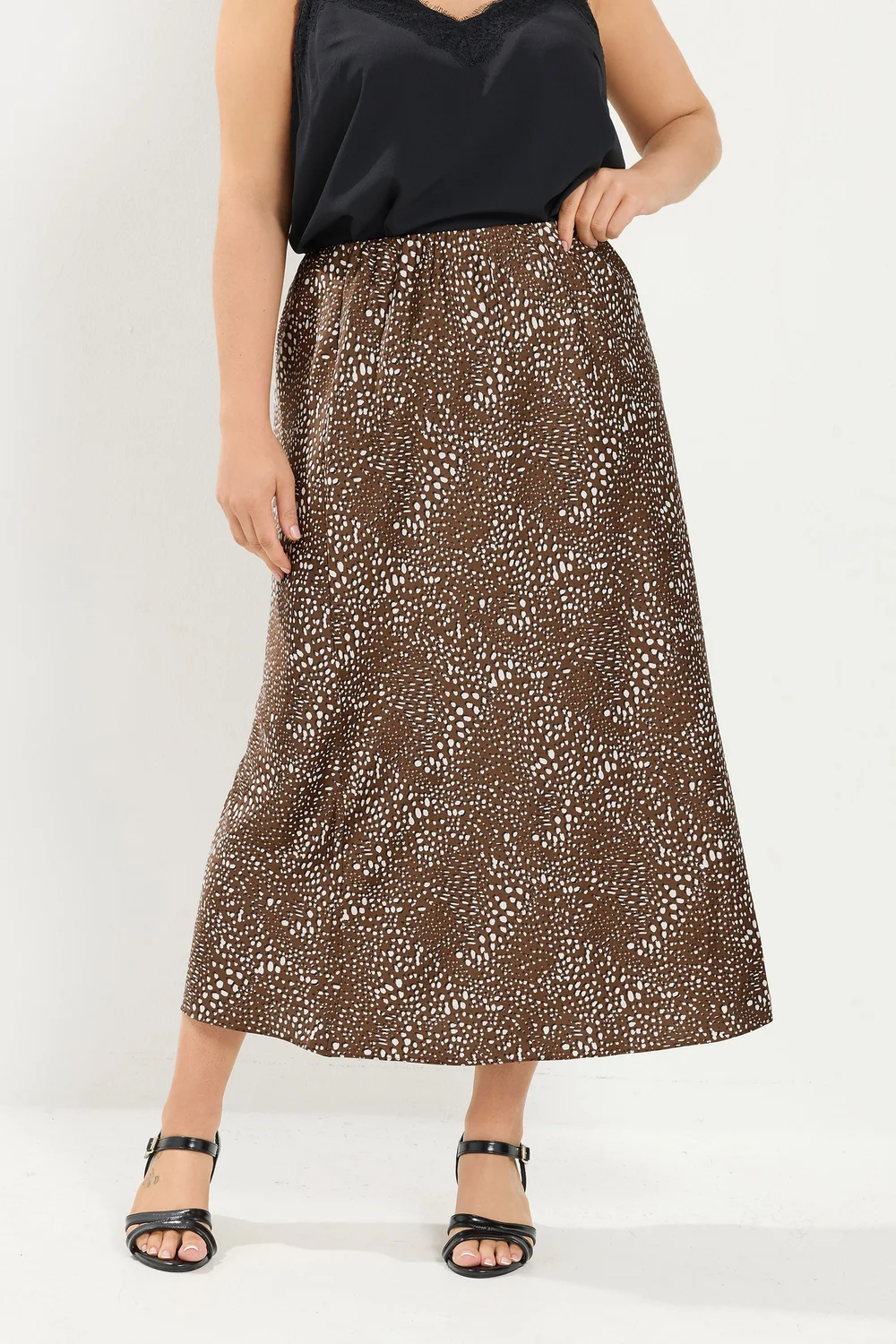 Yours Curve Chocolate Brown Deer Print Satin Skirt - 26-28 Image 1